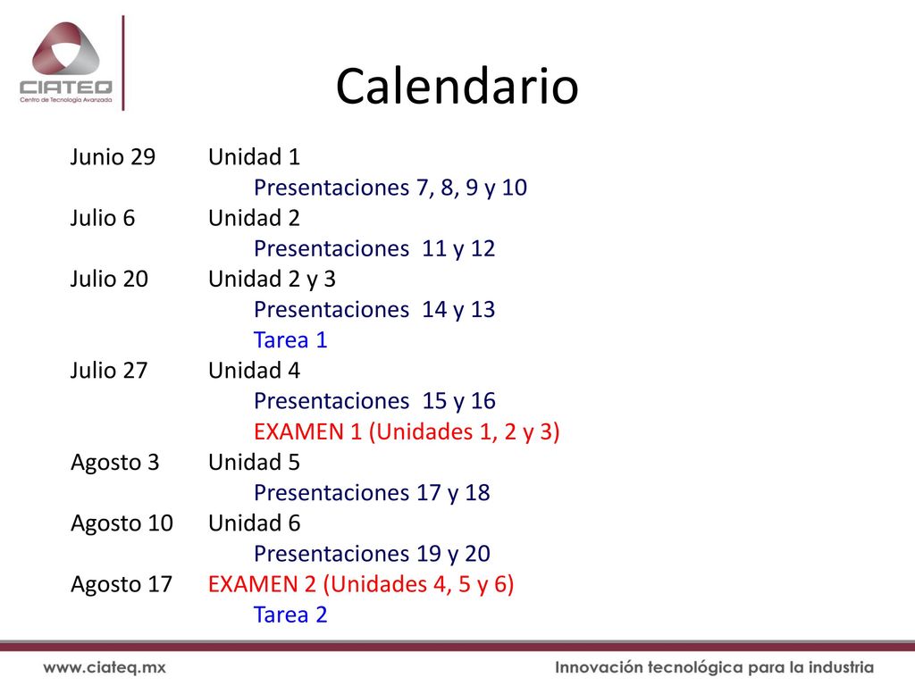 Calendario Junio 29 Unidad 1 Presentaciones 7, 8, 9 y 10