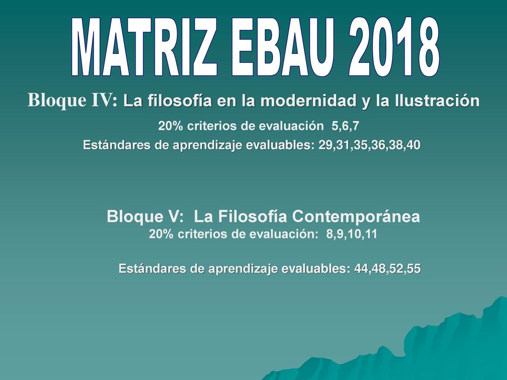 MATRIZ EBAU 2018 Bloque IV: La filosofía en la modernidad y la Ilustración. 20% criterios de evaluación 5,6,7.