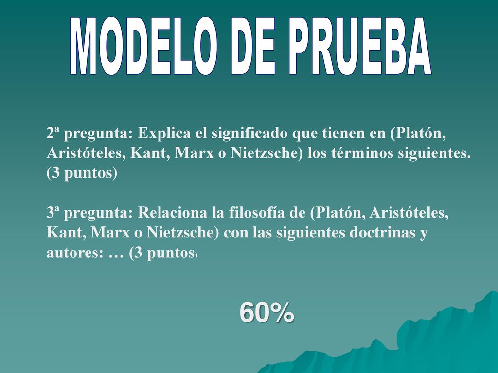 MODELO DE PRUEBA 2ª pregunta: Explica el significado que tienen en (Platón, Aristóteles, Kant, Marx o Nietzsche) los términos siguientes. (3 puntos)