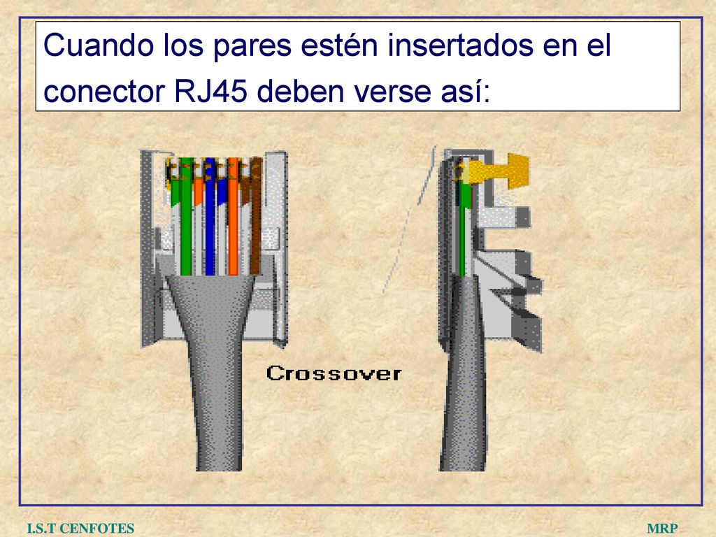 Cuando los pares estén insertados en el conector RJ45 deben verse así: