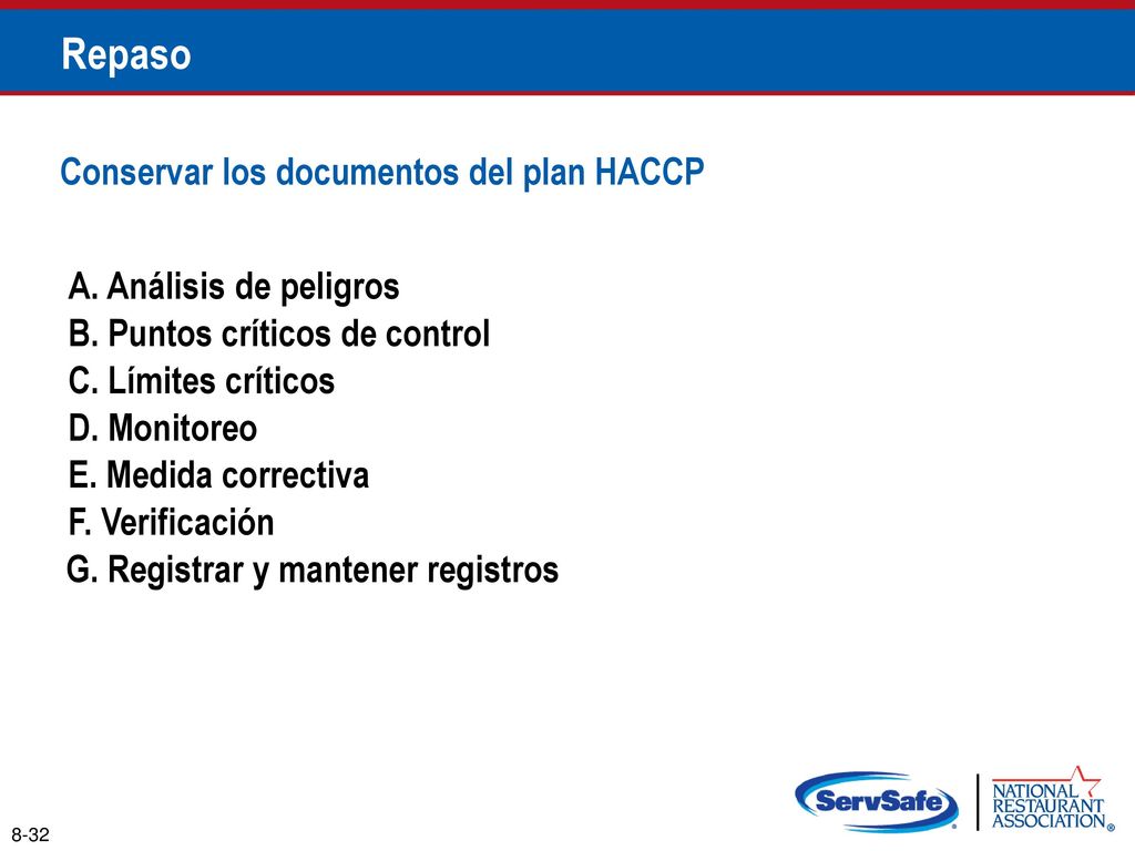 Repaso Conservar los documentos del plan HACCP A. Análisis de peligros