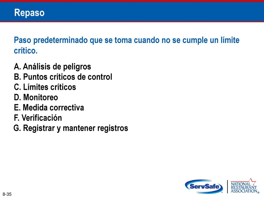 Repaso Paso predeterminado que se toma cuando no se cumple un límite crítico. A. Análisis de peligros.
