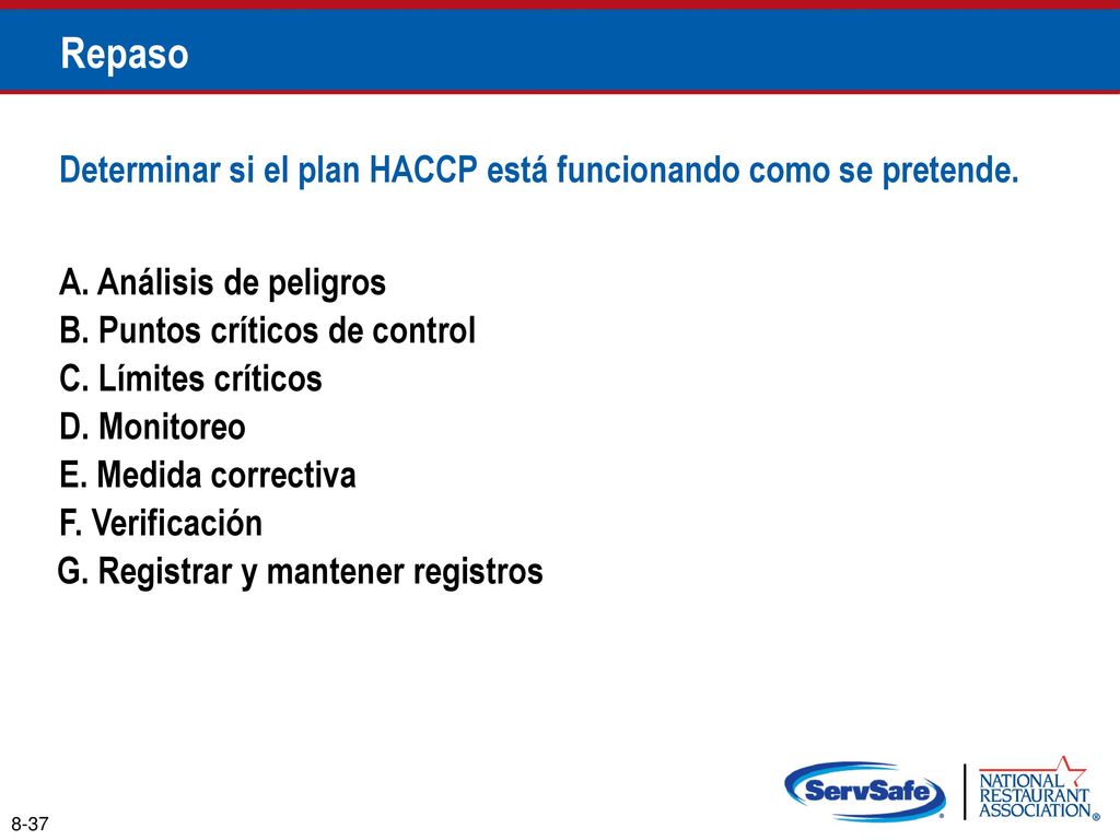 Repaso Determinar si el plan HACCP está funcionando como se pretende.