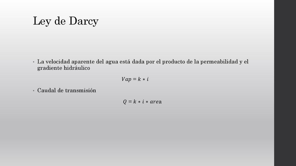 Ley de Darcy La velocidad aparente del agua está dada por el producto de la permeabilidad y el gradiente hidráulico.