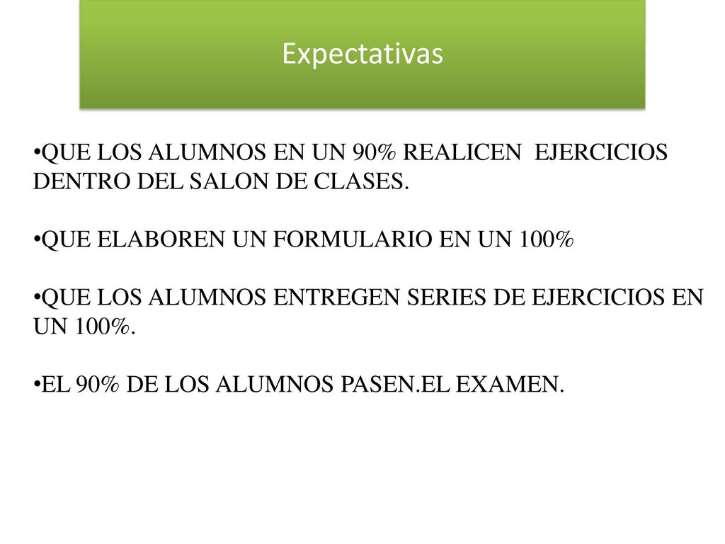 Expectativas QUE LOS ALUMNOS EN UN 90% REALICEN EJERCICIOS DENTRO DEL SALON DE CLASES. QUE ELABOREN UN FORMULARIO EN UN 100%