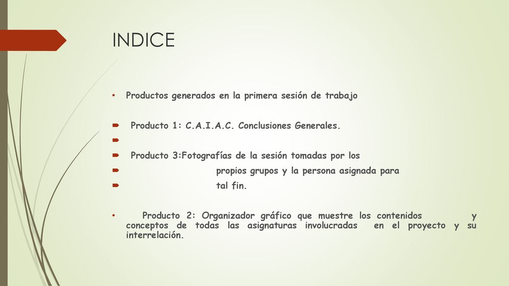 INDICE Productos generados en la primera sesión de trabajo