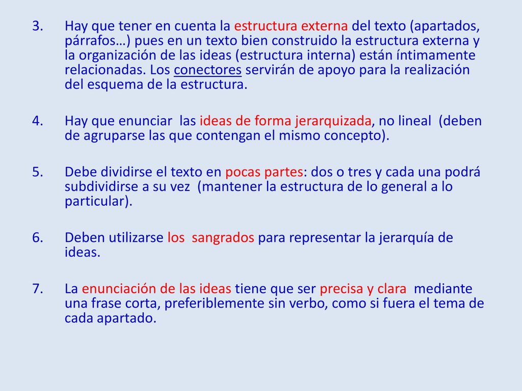 Hay que tener en cuenta la estructura externa del texto (apartados, párrafos…) pues en un texto bien construido la estructura externa y la organización de las ideas (estructura interna) están íntimamente relacionadas. Los conectores servirán de apoyo para la realización del esquema de la estructura.