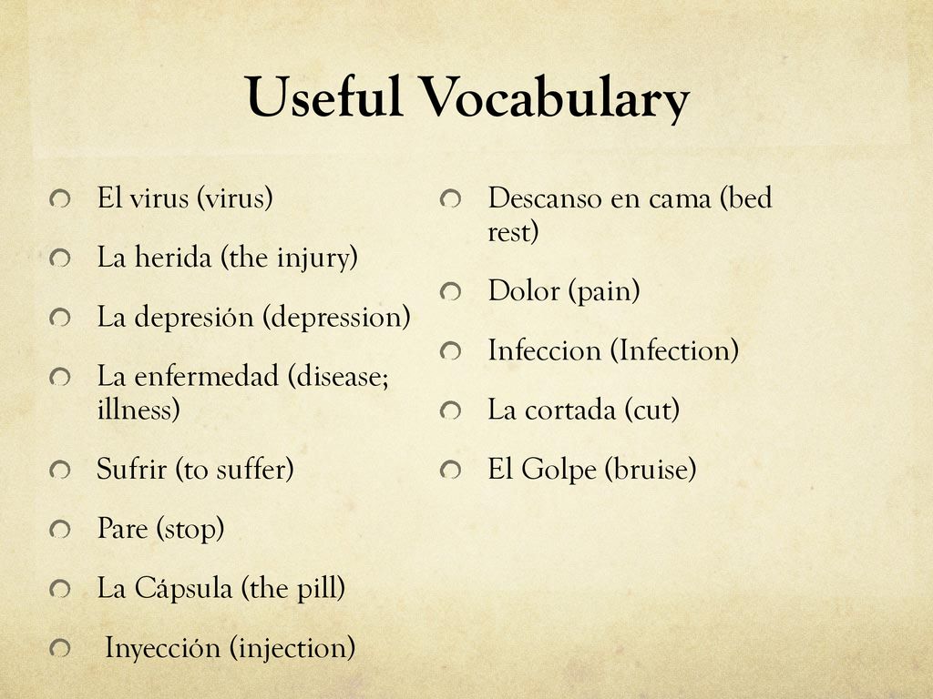 Useful Vocabulary El virus (virus) Descanso en cama (bed rest)