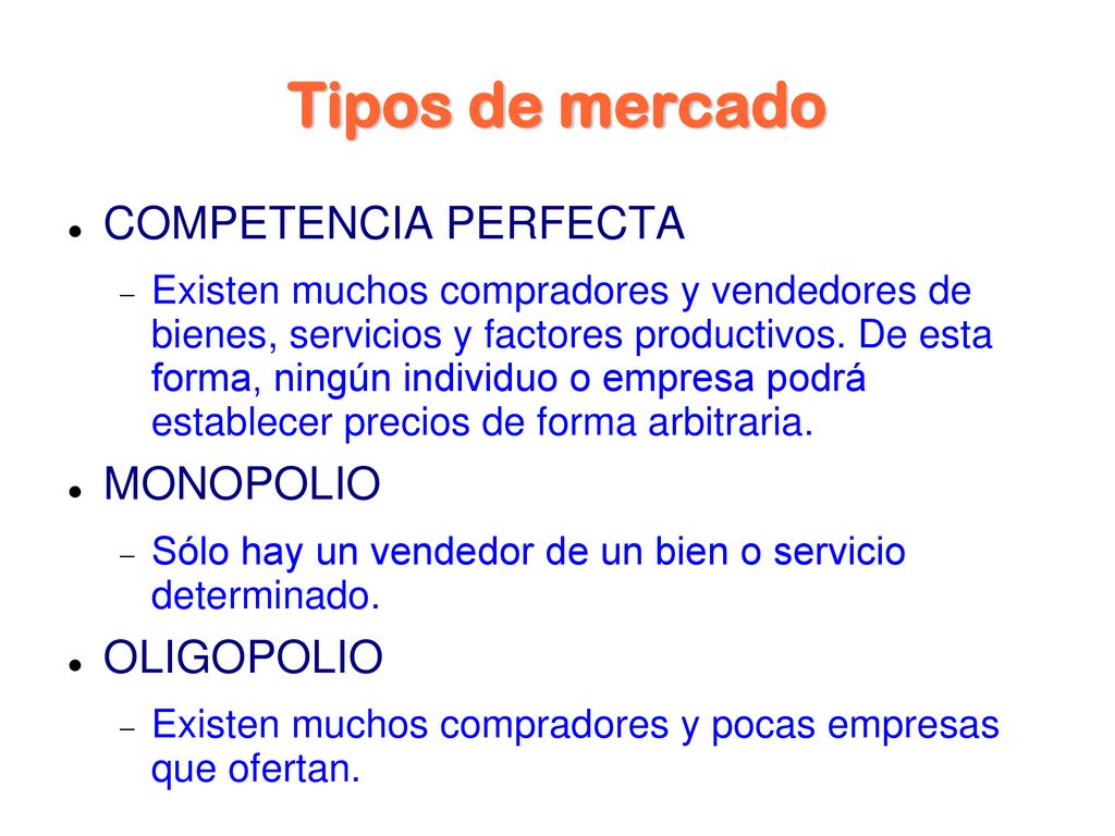 Tipos de mercado COMPETENCIA PERFECTA MONOPOLIO OLIGOPOLIO