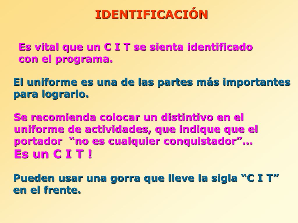 IDENTIFICACIÓN Es vital que un C I T se sienta identificado con el programa. El uniforme es una de las partes más importantes para lograrlo.