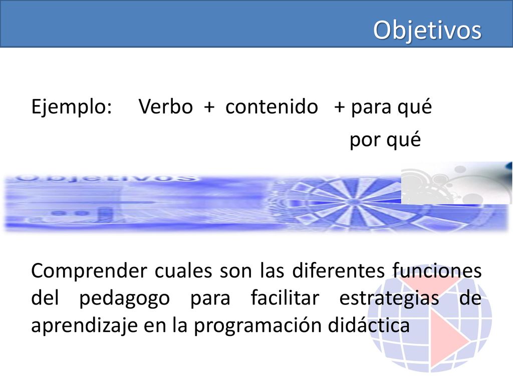 Objetivos Ejemplo: Verbo + contenido + para qué por qué