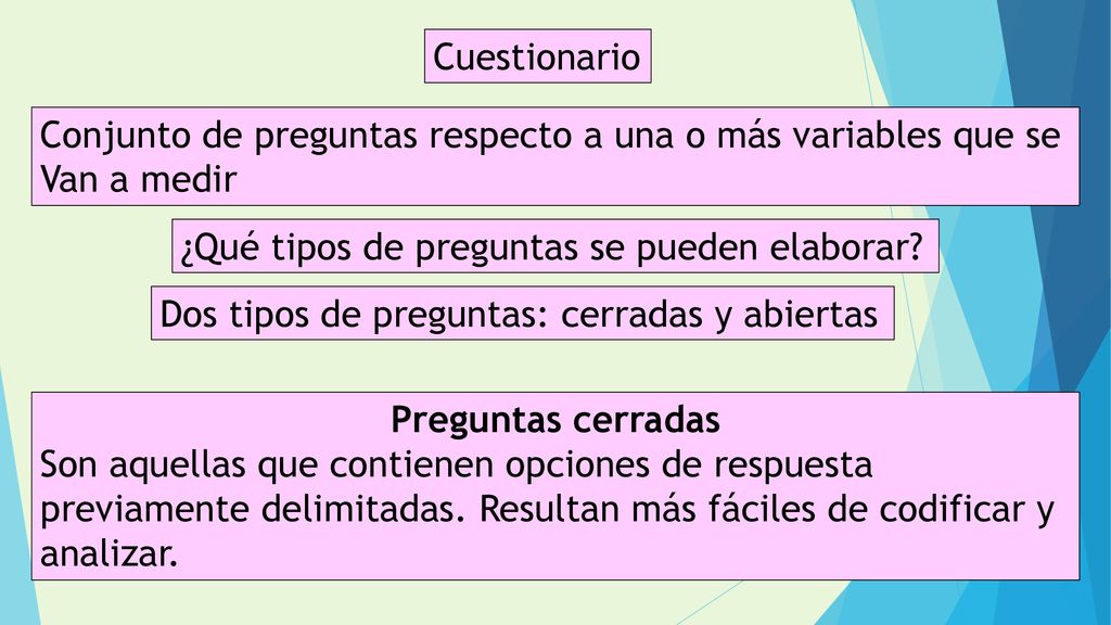 Cuestionario Conjunto de preguntas respecto a una o más variables que se. Van a medir. ¿Qué tipos de preguntas se pueden elaborar
