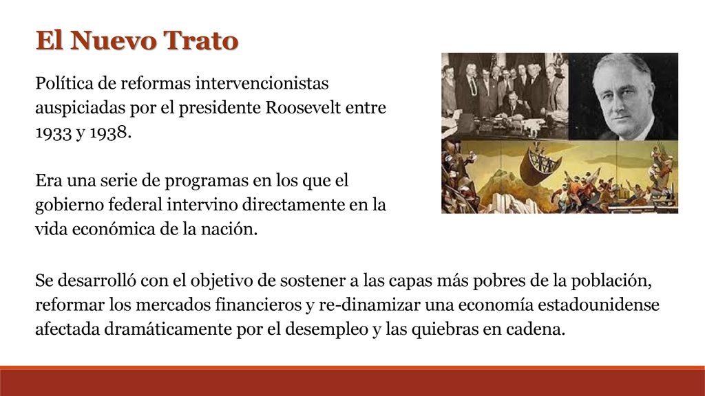 El Nuevo Trato Política de reformas intervencionistas auspiciadas por el presidente Roosevelt entre 1933 y