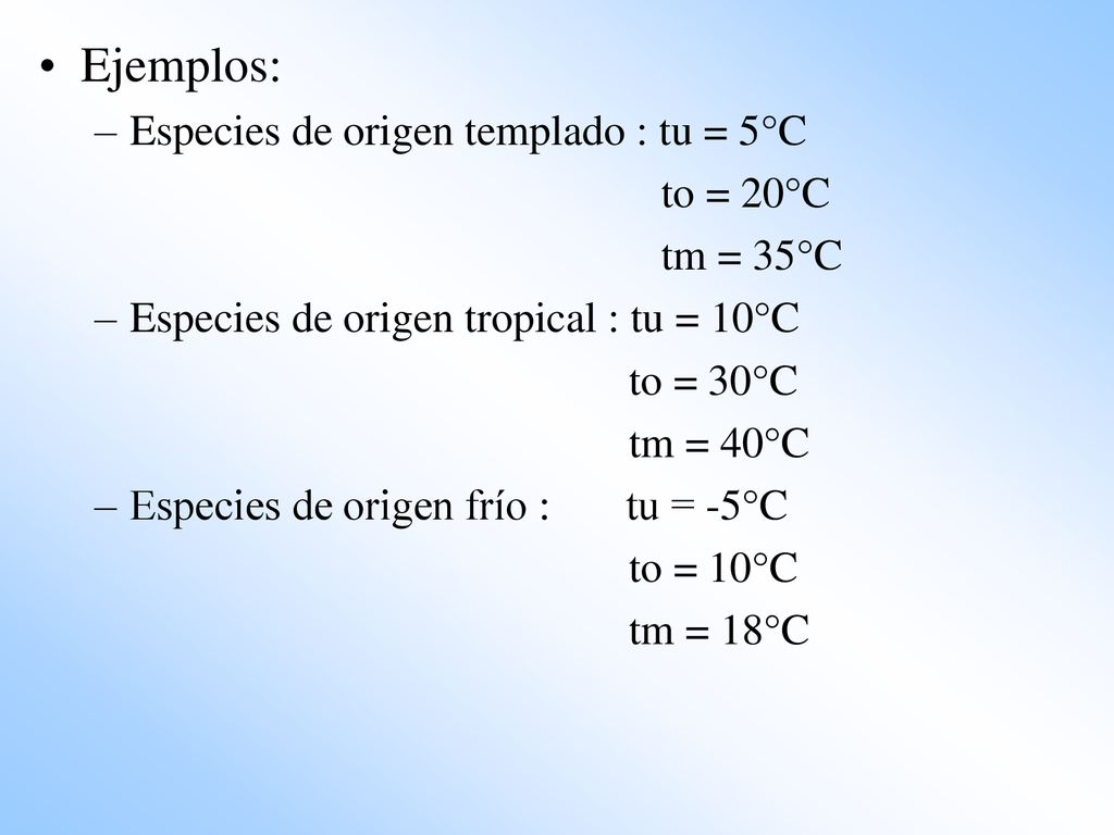Ejemplos: Especies de origen templado : tu = 5°C to = 20°C tm = 35°C