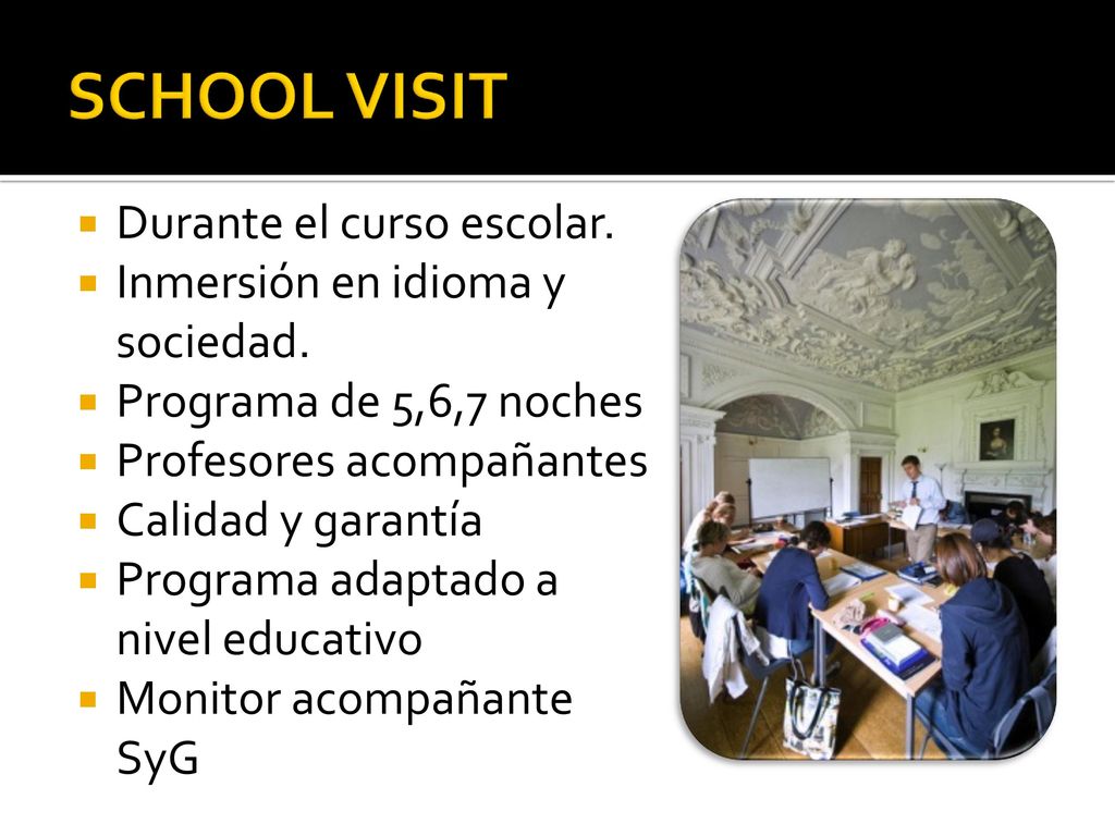 SCHOOL VISIT Durante el curso escolar. Inmersión en idioma y sociedad.