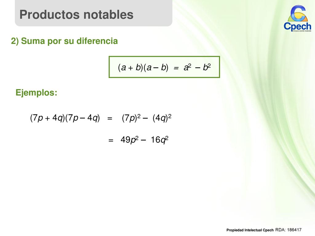 Productos notables 2) Suma por su diferencia (a + b)(a – b) = a2 – b2