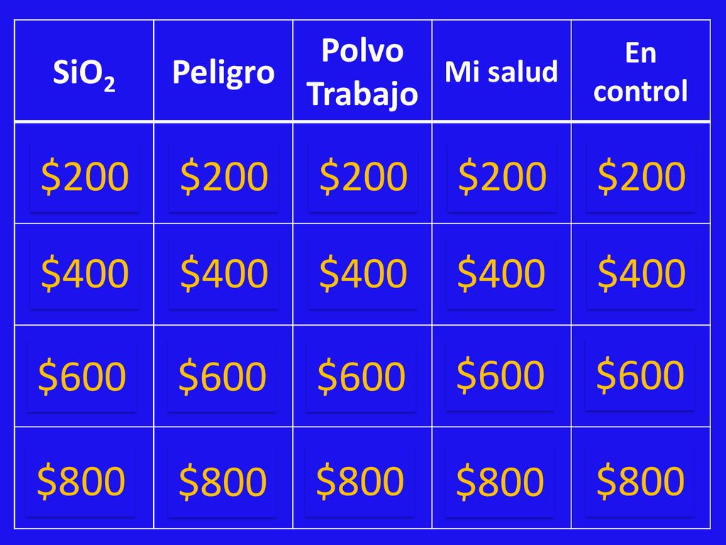 SiO2 Peligro. Polvo. Trabajo. Mi salud. En control. $200. $200. $200. $200. $200. $400. $400.