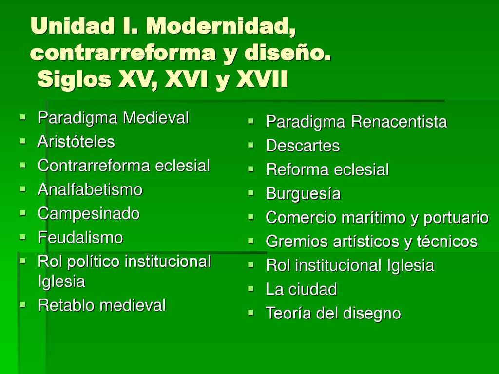 Unidad I. Modernidad, contrarreforma y diseño. Siglos XV, XVI y XVII