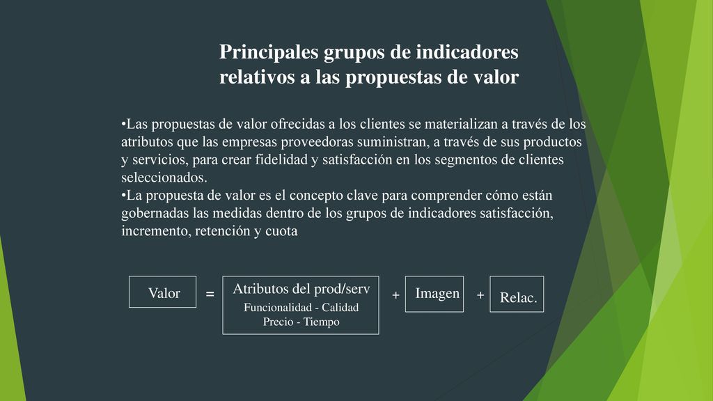 Principales grupos de indicadores relativos a las propuestas de valor