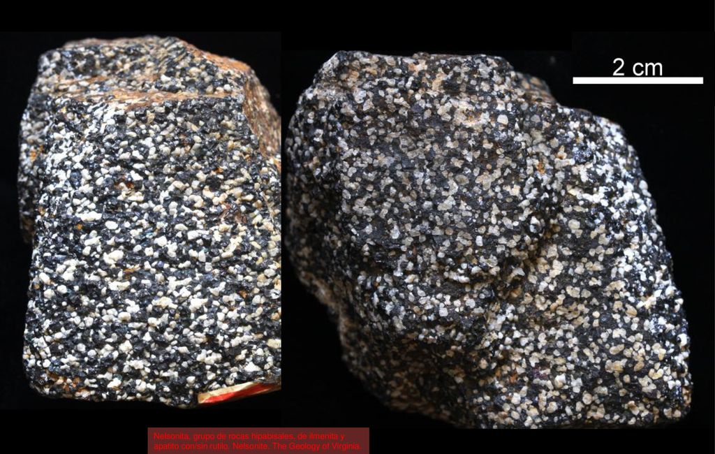 Nelsonita, grupo de rocas hipabisales, de ilmenita y apatito con/sin rutilo. Nelsonite. The Geology of Virginia.