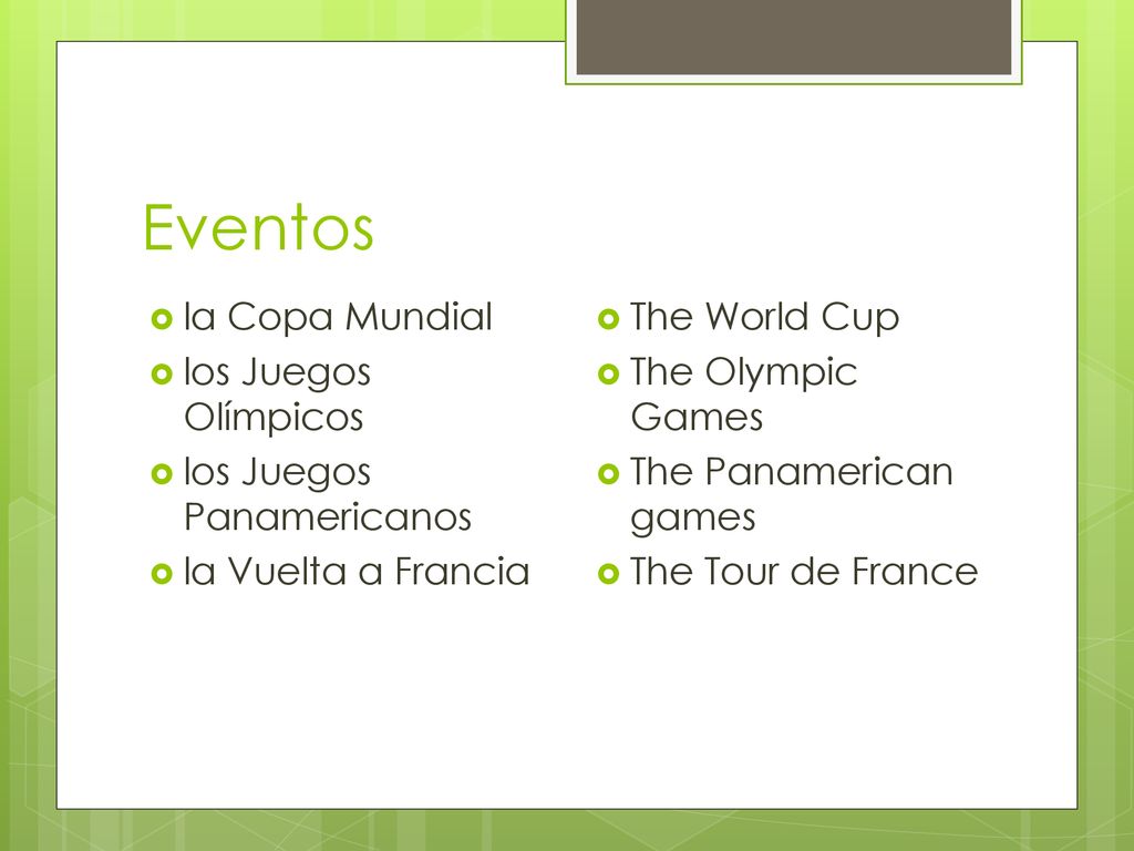 Eventos la Copa Mundial los Juegos Olímpicos los Juegos Panamericanos