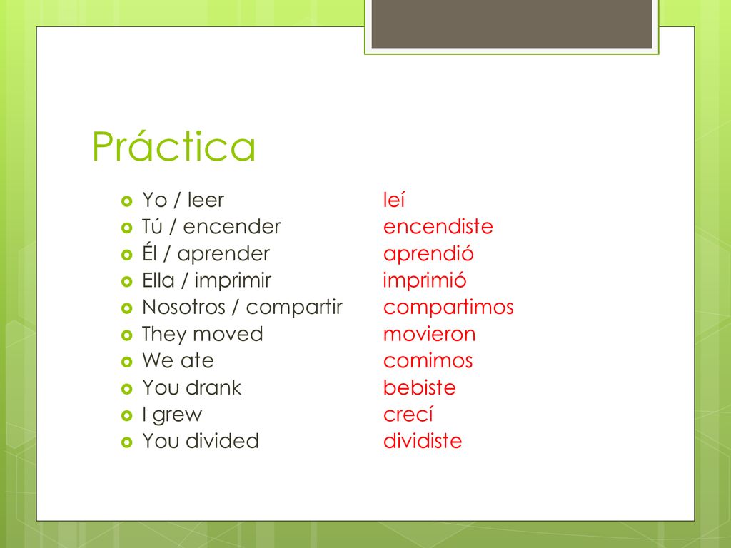 Práctica Yo / leer leí Tú / encender encendiste Él / aprender aprendió