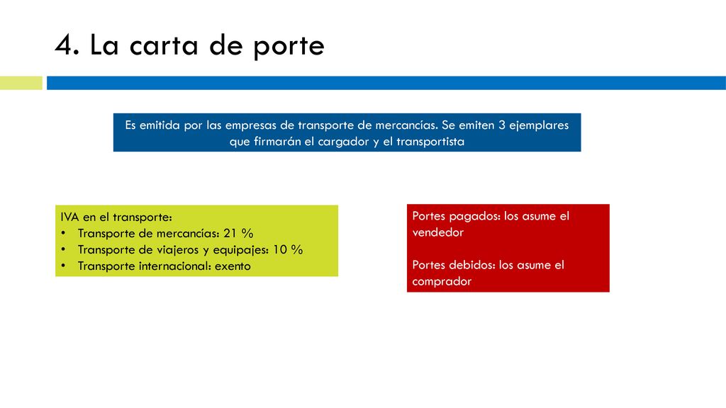 4. La carta de porte Es emitida por las empresas de transporte de mercancías. Se emiten 3 ejemplares que firmarán el cargador y el transportista.