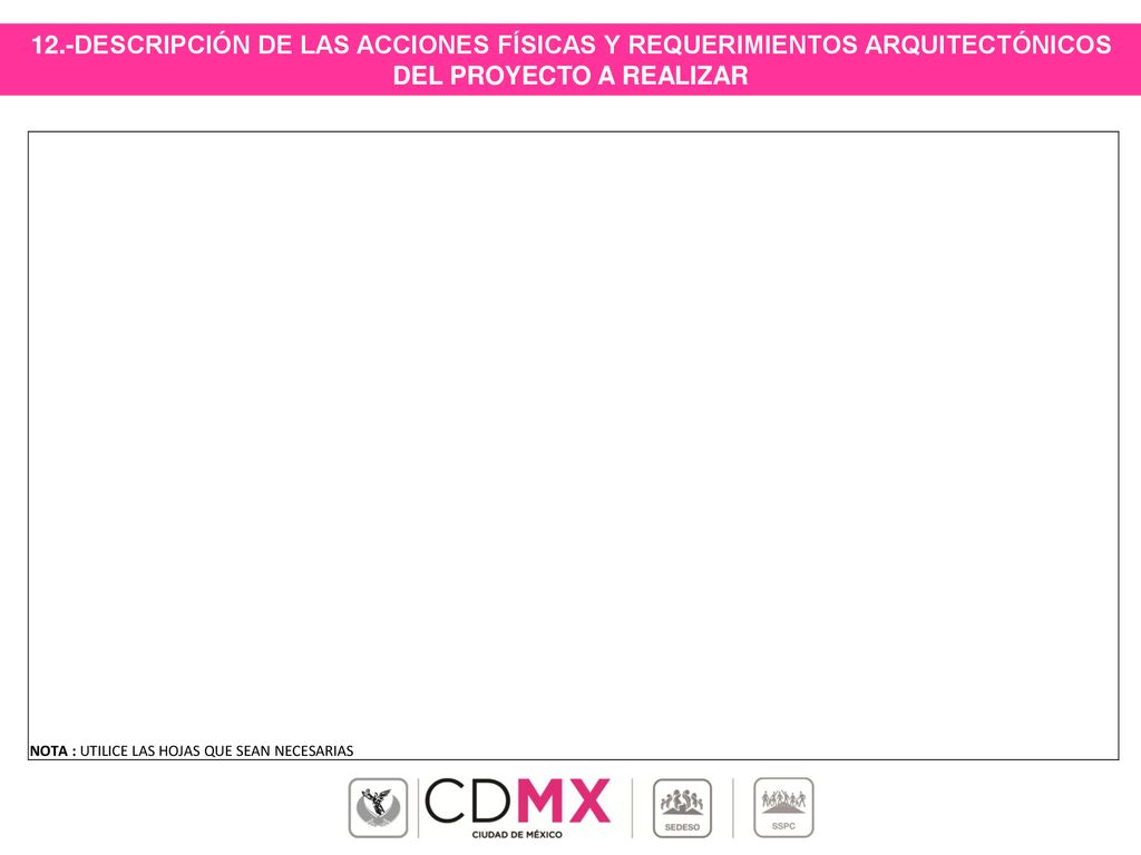 12.-DESCRIPCIÓN DE LAS ACCIONES FÍSICAS Y REQUERIMIENTOS ARQUITECTÓNICOS DEL PROYECTO A REALIZAR