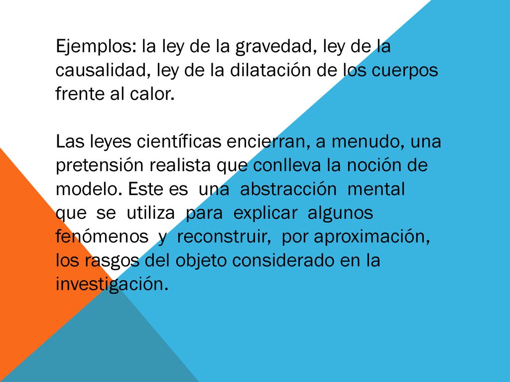 Ejemplos: la ley de la gravedad, ley de la causalidad, ley de la dilatación de los cuerpos frente al calor.