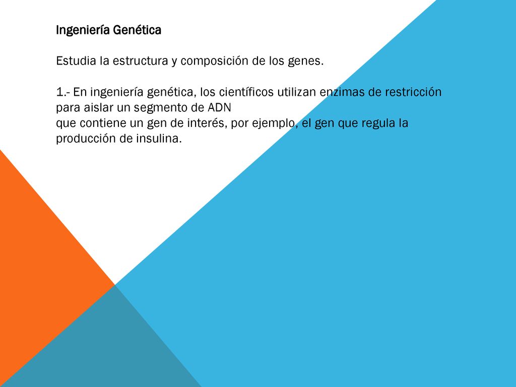 Ingeniería Genética Estudia la estructura y composición de los genes.