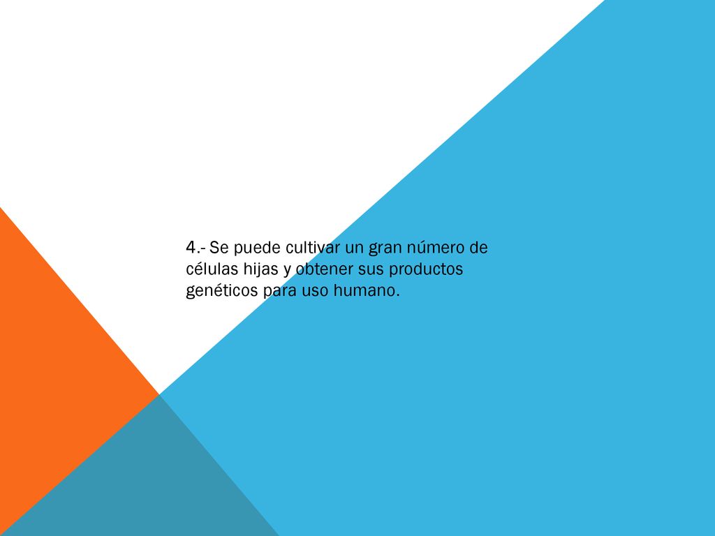 4.- Se puede cultivar un gran número de células hijas y obtener sus productos genéticos para uso humano.