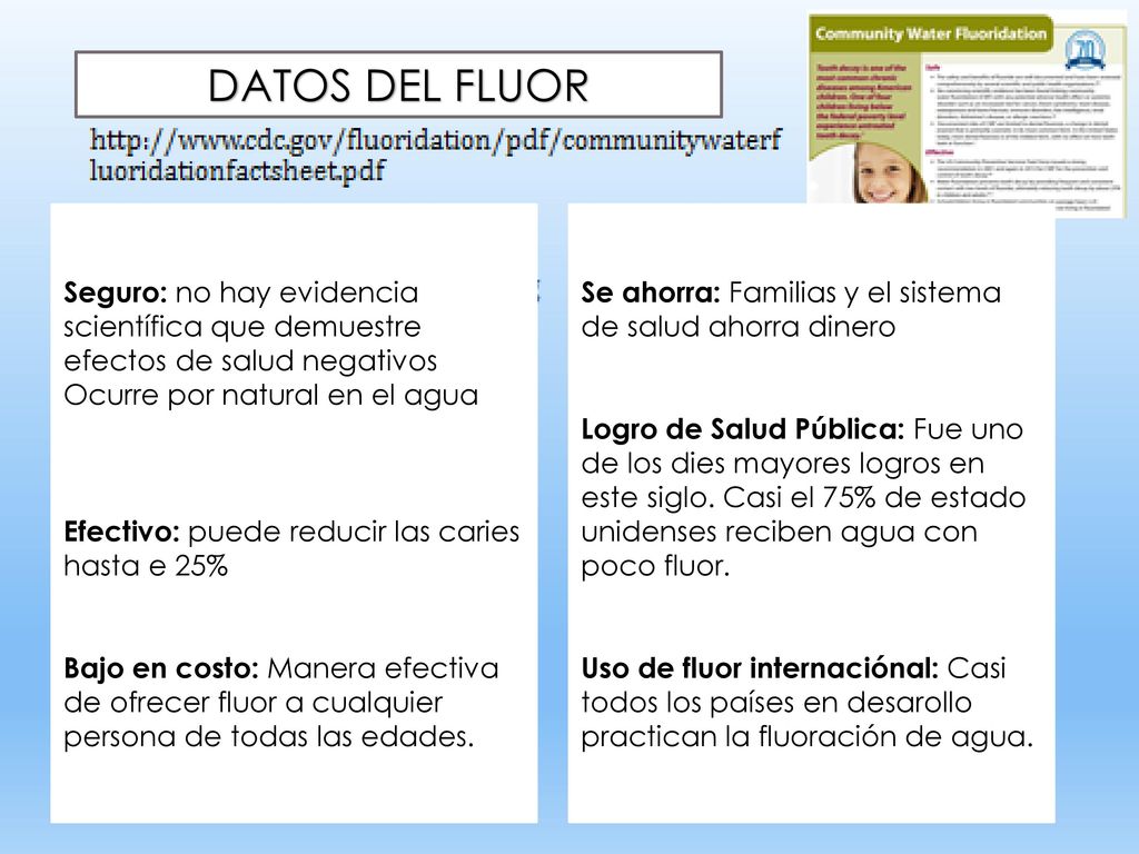 DATOS DEL FLUOR Seguro: no hay evidencia scientífica que demuestre efectos de salud negativos Ocurre por natural en el agua.