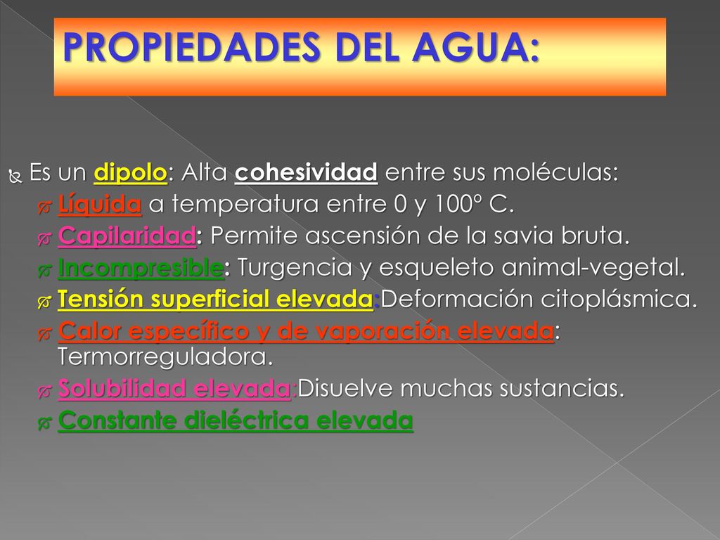 PROPIEDADES DEL AGUA: Es un dipolo: Alta cohesividad entre sus moléculas: Líquida a temperatura entre 0 y 100º C.