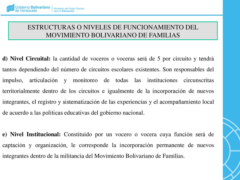 ESTRUCTURAS O NIVELES DE FUNCIONAMIENTO DEL MOVIMIENTO BOLIVARIANO DE FAMILIAS