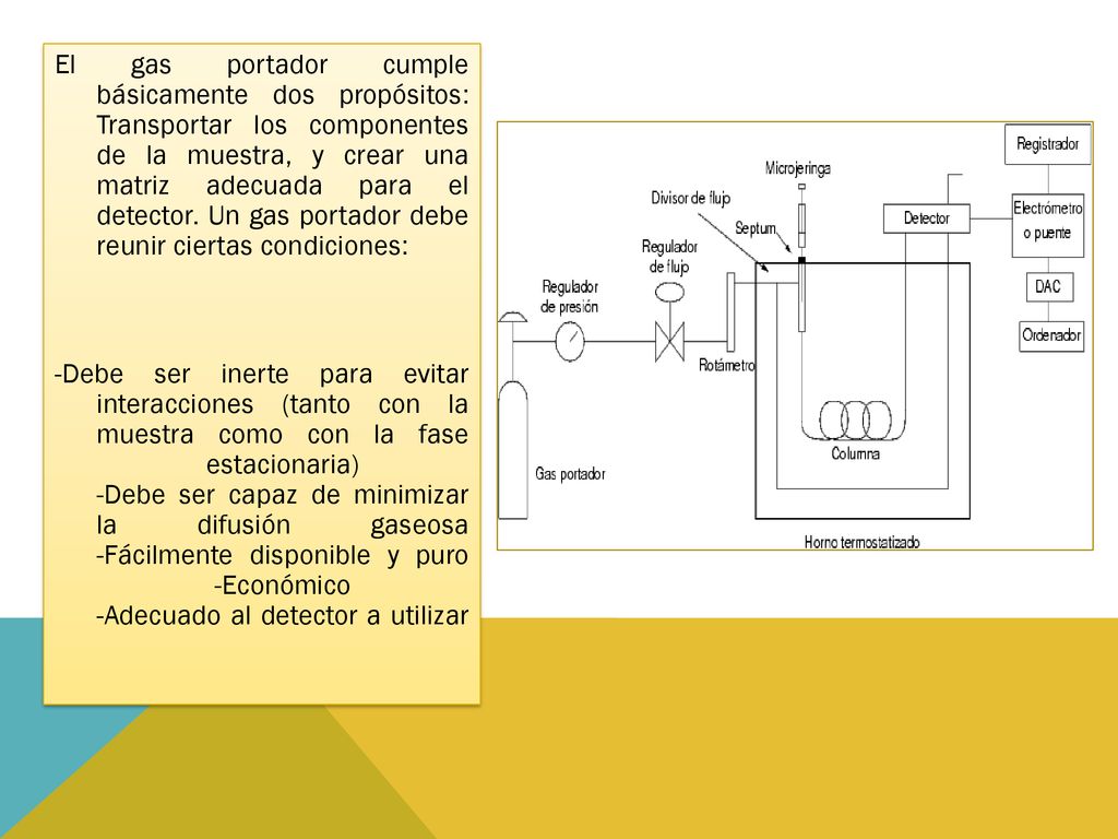 El gas portador cumple básicamente dos propósitos: Transportar los componentes de la muestra, y crear una matriz adecuada para el detector.