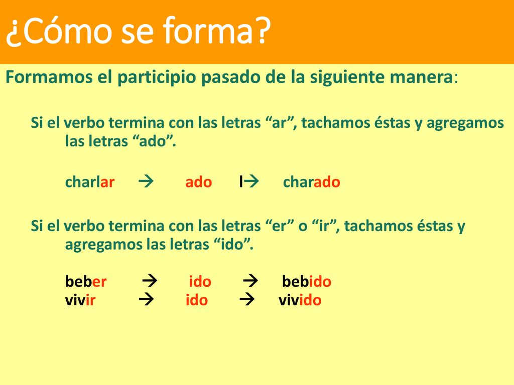 ¿Cómo se forma Formamos el participio pasado de la siguiente manera:
