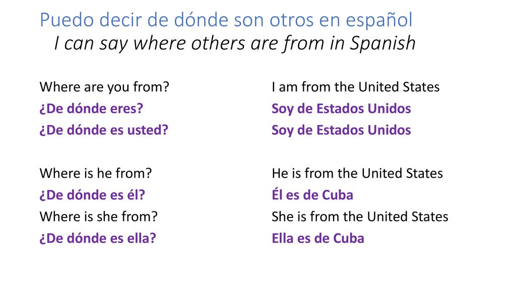 Puedo decir de dónde son otros en español I can say where others are from in Spanish
