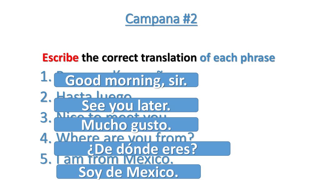 Escribe the correct translation of each phrase
