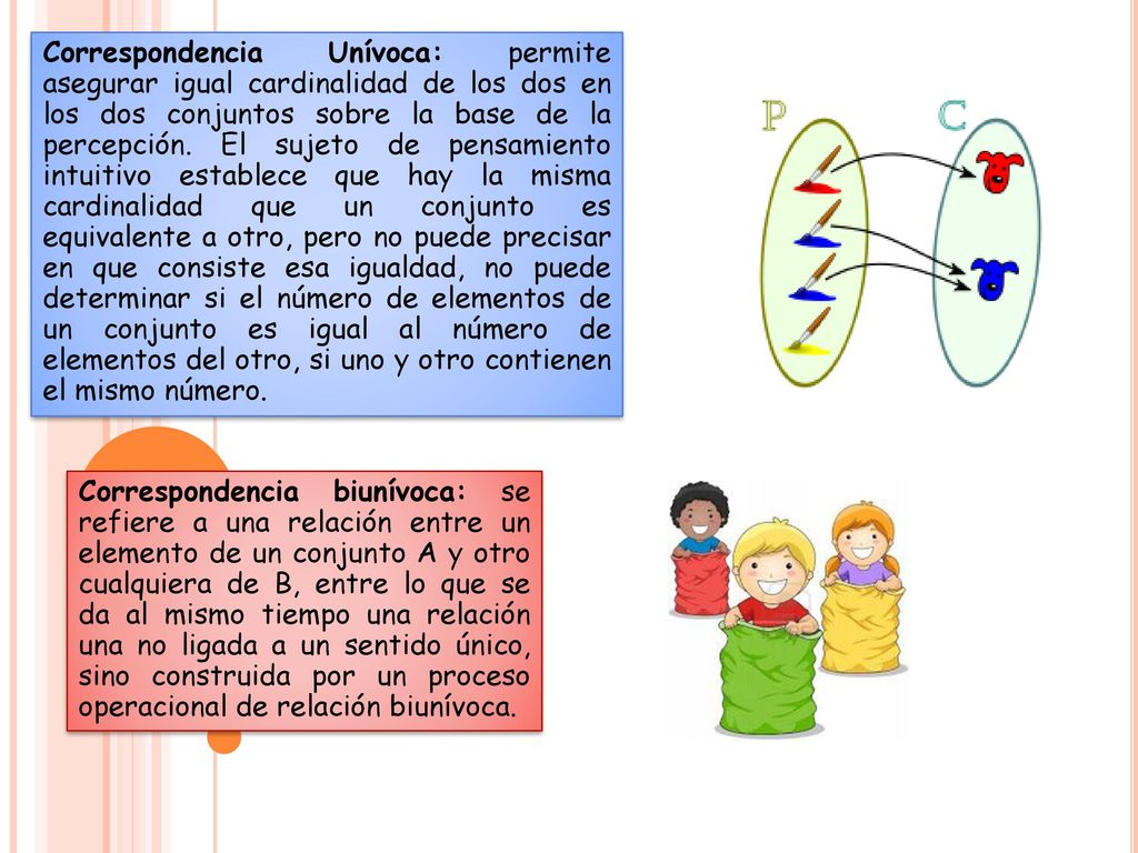 Correspondencia Unívoca: permite asegurar igual cardinalidad de los dos en los dos conjuntos sobre la base de la percepción. El sujeto de pensamiento intuitivo establece que hay la misma cardinalidad que un conjunto es equivalente a otro, pero no puede precisar en que consiste esa igualdad, no puede determinar si el número de elementos de un conjunto es igual al número de elementos del otro, si uno y otro contienen el mismo número.