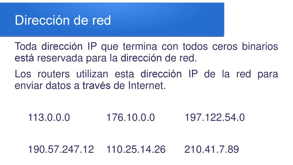 Dirección de red Toda dirección IP que termina con todos ceros binarios está reservada para la dirección de red.