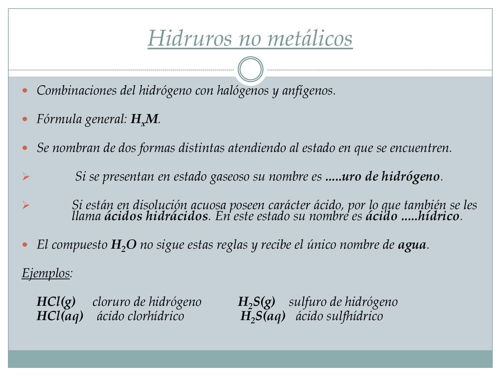 Hidruros no metálicos Combinaciones del hidrógeno con halógenos y anfígenos. Fórmula general: HxM.