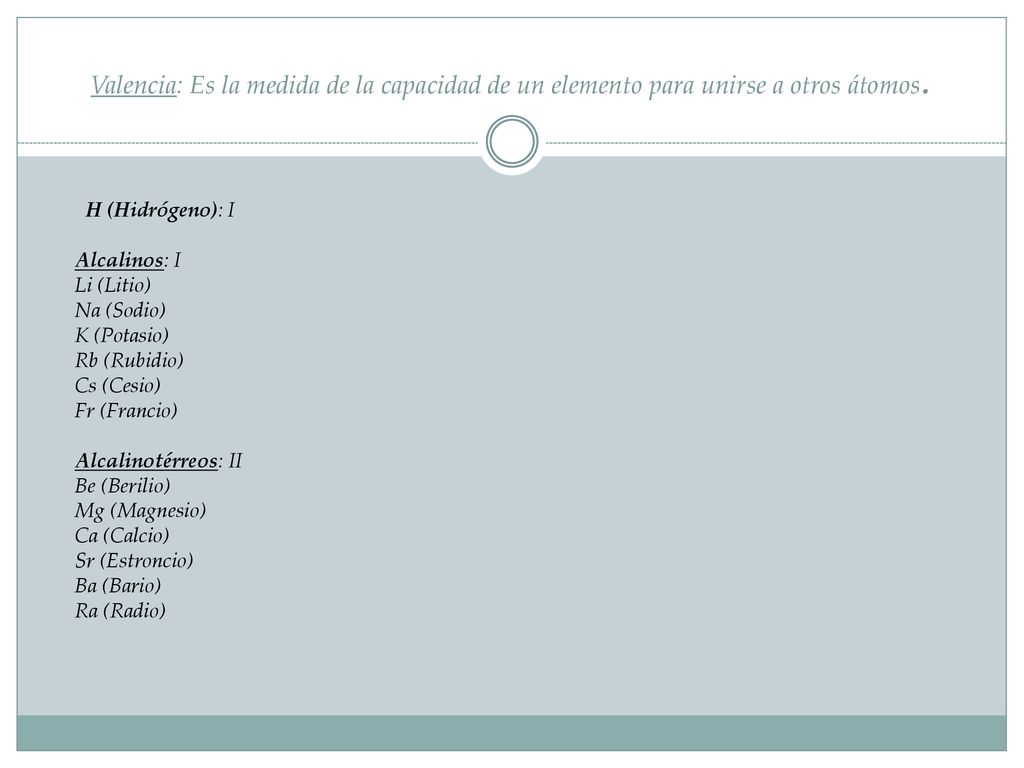 H (Hidrógeno): I Alcalinos: I Li (Litio) Na (Sodio) K (Potasio)