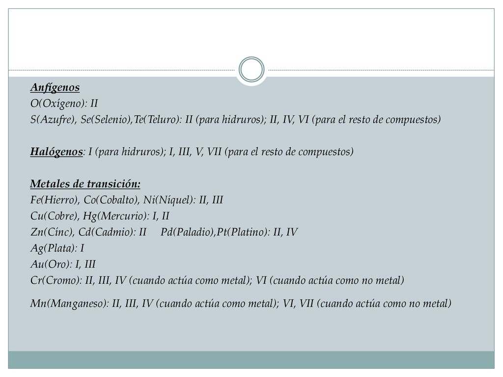 Anfígenos O(Oxígeno): II S(Azufre), Se(Selenio),Te(Teluro): II (para hidruros); II, IV, VI (para el resto de compuestos) Halógenos: I (para hidruros); I, III, V, VII (para el resto de compuestos) Metales de transición: Fe(Hierro), Co(Cobalto), Ni(Níquel): II, III Cu(Cobre), Hg(Mercurio): I, II Zn(Cínc), Cd(Cadmio): II Pd(Paladio),Pt(Platino): II, IV Ag(Plata): I Au(Oro): I, III Cr(Cromo): II, III, IV (cuando actúa como metal); VI (cuando actúa como no metal) Mn(Manganeso): II, III, IV (cuando actúa como metal); VI, VII (cuando actúa como no metal)