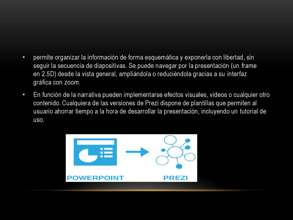 permite organizar la información de forma esquemática y exponerla con libertad, sin seguir la secuencia de diapositivas. Se puede navegar por la presentación (un frame en 2.5D) desde la vista general, ampliándola o reduciéndola gracias a su interfaz gráfica con zoom.