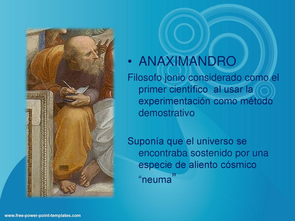 ANAXIMANDRO Filosofo jonio considerado como el primer científico al usar la experimentación como método demostrativo.