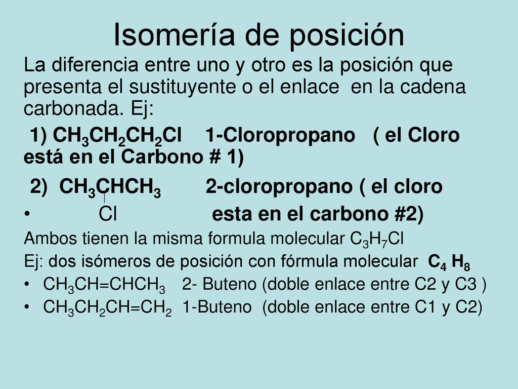 Isomería de posición 2) CH3CHCH3 2-cloropropano ( el cloro