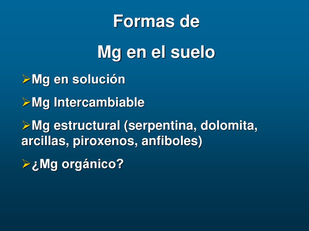 Formas de Mg en el suelo Mg en solución Mg Intercambiable