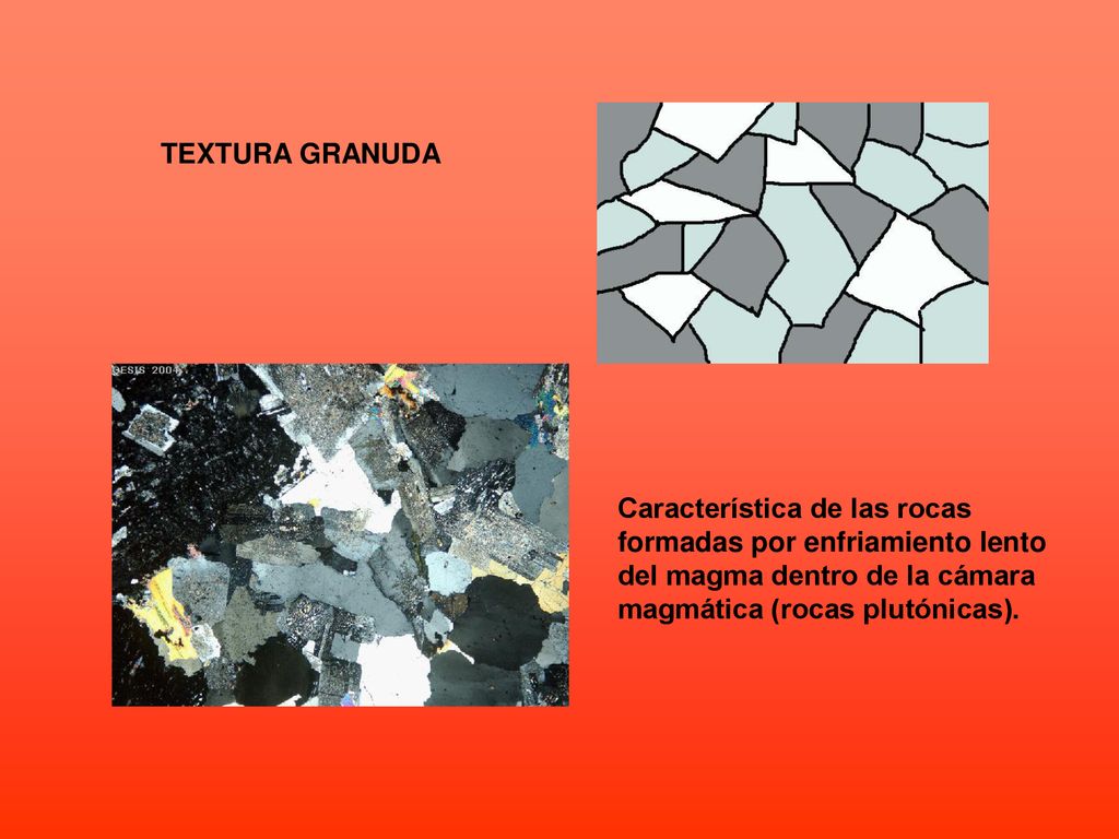 TEXTURA GRANUDA Característica de las rocas. formadas por enfriamiento lento. del magma dentro de la cámara.