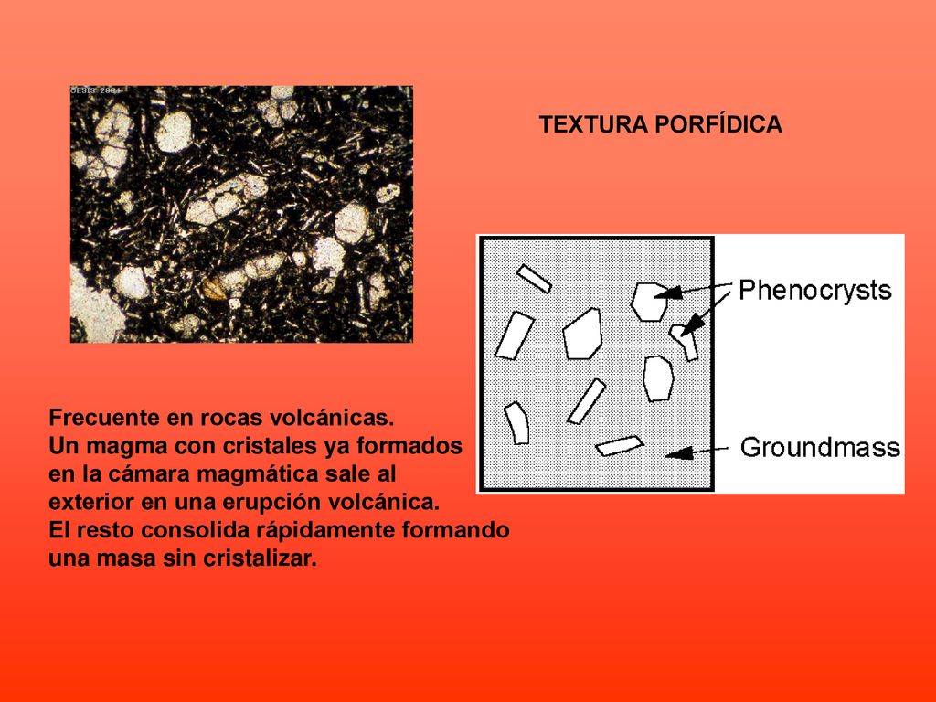 TEXTURA PORFÍDICA Frecuente en rocas volcánicas. Un magma con cristales ya formados. en la cámara magmática sale al.