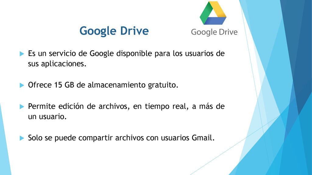 Google Drive Es un servicio de Google disponible para los usuarios de sus aplicaciones. Ofrece 15 GB de almacenamiento gratuito.